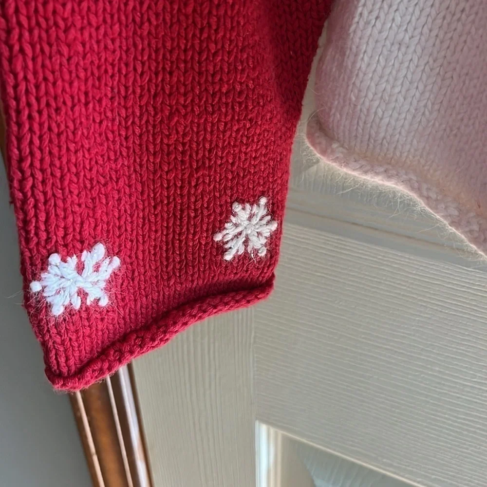 Croft & barrow-L-Snowman, trees, snowflakes, embroidery& crocheted 3-D sweater.